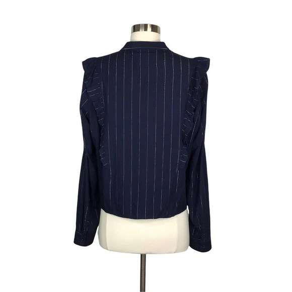 Rails Piper Blouse in Panama Stripe Medium Ruffle Blue Silver Metallic Tie Hem - Picture 9 of 12